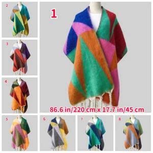 Women Check Scarves Faux Cashmere Wool Tassel Wrap Shawls Winter Warm Fringe - Picture 1 of 20