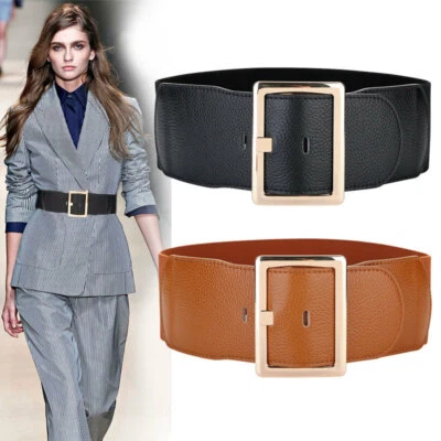 Women Real Leather Waist Belt Gold Pin Buckle Elastic Stretch Wide Waistband - Image 1 of 4
