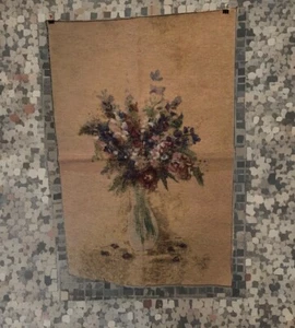Large Blum Flower Vase Beige w/ Blues Floral Tapestry Fabric Panel 26.6 X 40” - Picture 1 of 8