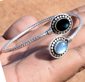 Labradorite & Black Onyx Gemstone 925 Sterling Silver Bangle Cuff 1st Time Gift - Picture 1 of 5