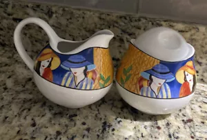 Cream & Sugar Set Ladies in Hats perfect condition vivid colors 1990 cafe Paris - Picture 1 of 4