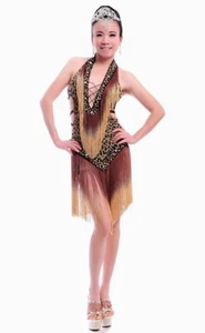 RÄUMUNGVERKAUF L12 Tanzbekleidung Latin Kleider Samba Tango Salsa Leopard Optik - Picture 1 of 5