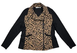 SUSAN GRAVER Womens M Black Tan Ponte Knit Leopard Print Moto Jacket EUC - Picture 1 of 7
