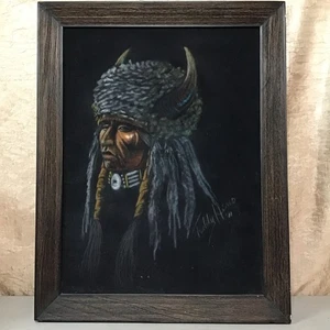 Native American Chief Black Velvet Painting 28” X 22” Wood Frame. Teddy Hines. - Picture 1 of 11