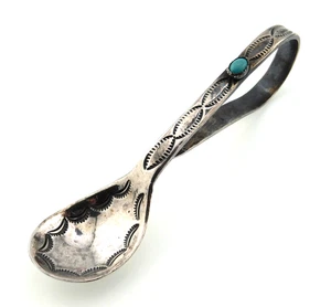 Native American 925 Sterling Silver Stamped Turquoise Baby Feeding Spoon - Picture 1 of 6