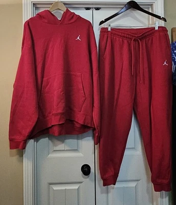 MEN'S JORDAN ESSENTIALS FLEECE PULLOVER HOODIE AND PANTS SET- XXL- RED AND WHITE - Image 1 of 4