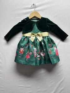 Vestido de Navidad Bonnie Bebé Niñas 12 Meses + Lazo Cascanueces Terciopelo Verde Encogerse de hombros - Imagen 1 de 9