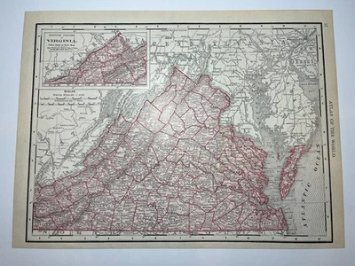 1895 / 1910 VIRGINIA "RED" State Map fm 1911 New Census Atlas SEE DESCRIP - Image 1 of 3