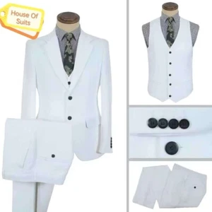 1-Button 3-Piece White Slim Fit Suit With Black Buttons & Notch Lapel - Picture 1 of 1