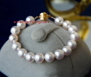 AAAAA 7.5"12-13mm Natural real round south sea WHITE pearl bracelet 14K GOLD - Picture 1 of 6
