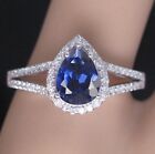 230Ct Pear Lab Created Blue Sapphire Diamond Wedding Ring 14K White Gold Finish