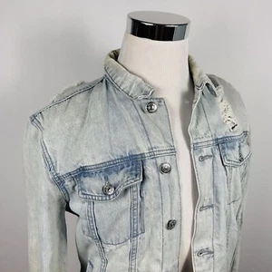 PACSUN Medium Jean Jacket Distressed Light Blue Cotton Leopard Print Lining - Picture 1 of 5