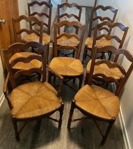 Matching Set of 8 French Antique Oak Wood Louis XIV-XV Original Rush Seat Chairs Cover
