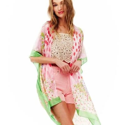 Bohemian Beachy Green Trim Silky Breezy Polyester Summer Coverup Kimono Coat - Image 1 of 4