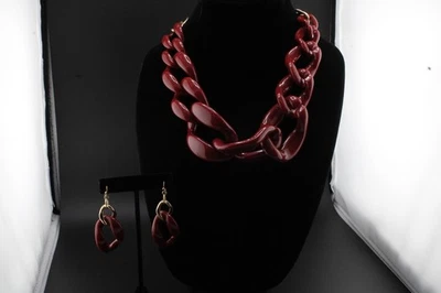 Oversized Burgundy Acrylic Cuban Link Statement Necklace w/ Matching Earrings - Image 1 of 4