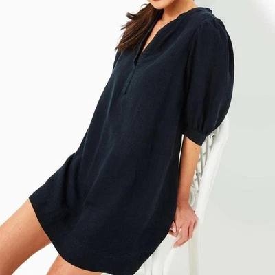 Lilly Pulitzer Mialeigh Linen Dress Women's Size 10 Black Elbow Sleeve Puff - Image 1 of 4
