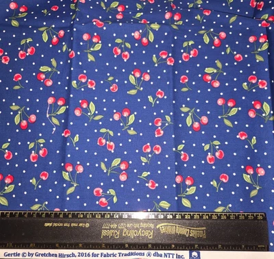 Cherries on Blue Cotton Craft Sewing Fabric 31 inches NEW - Image 1 of 2