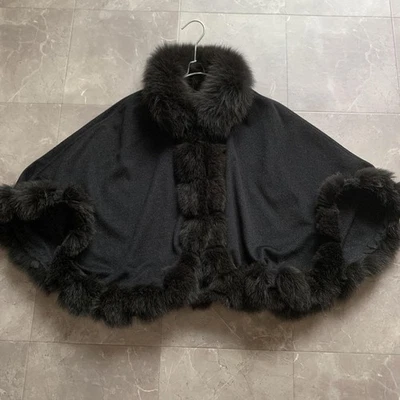 SAGA FURS Cachemira Azul Zorro Rex Piel Poncho Capa Mujer ML Gris Carbón Abrigo Foto 1 de 4