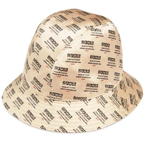 sz S NEW $690 GUCCI Woman Tan SILK Satin ALL OVER GUCCI PRINT Spring FEDORA HAT - Picture 1 of 12