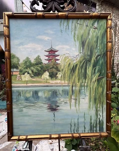 Vintage Oil Painting on Canvas 'Sarusawa Pond, Kofukuji Temple at Nara', Framed - Picture 1 of 14