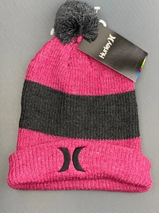 Winter Beanie Cap Hurley Youth Pom Pom Fuchsia Size 7/16 Girl's Cuffed Hat - NEW - Picture 1 of 7
