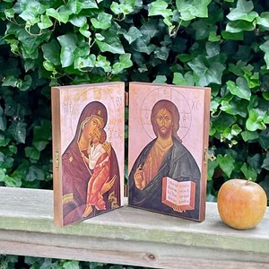 Icono plegable 8,25" doble plegable Cristo ortodoxo Virgen y homúnculo niño con bisagra - Imagen 1 de 5