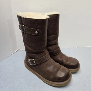 UGG Kensington Brown Leather Sheepskin Sherpa Shearling Lined Boots 5678 Size 6 - Picture 1 of 10