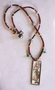 Kunsthandwerk Sterling Thai Silber, Türkis, Antik Litho Print Halskette, 26,5" - Bild 1 von 7