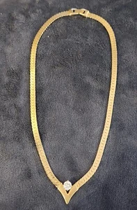 Herringbone Chain Gold Tone Clear Stone Necklace with V Shape 16 - Picture 1 of 5