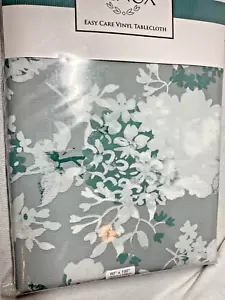 LENOX EASY CARE FLANNELBACK VINYL TABLECLOTH 60 X 102 GRAY TURQUOISE FLORAL NIP - Picture 1 of 2