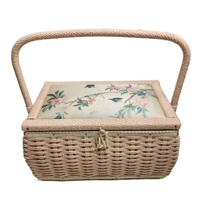 Cesta de costura tejida vintage con estampado de pájaros Japón forro grande satinado con bandeja - Imagen 1 de 14