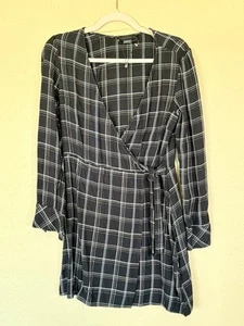 Sanctuary Upbeat Plaid Black Long Sleeve Wrap Flannel Dress 6 466C - Picture 1 of 10