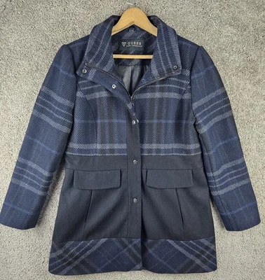 Guess Los Angeles Wool Blend Blue Plaid Coat Pea Coat Academia Women's XL - Image 1 of 4