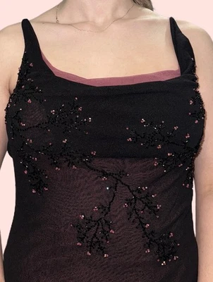 Maxi Vestido de Noche Formal Años 90 Vintage Negro Rosa Con Cuentas Espalda Abierta Y2K Foto 1 de 4