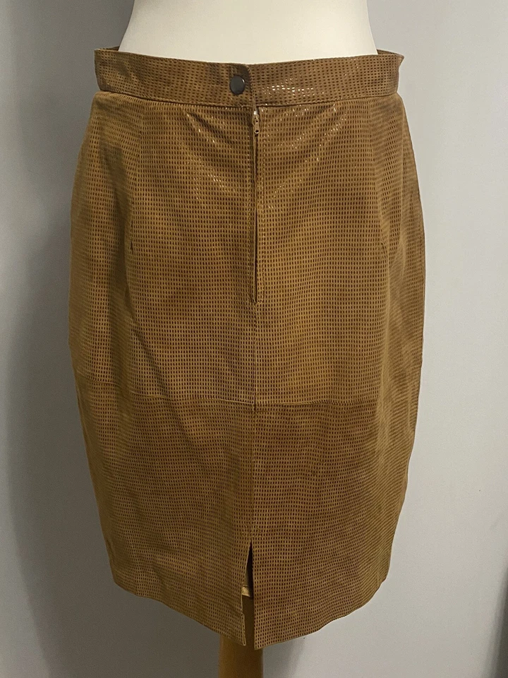 TEODEM skirt size 16 tan Genuine leather suede pattern pencil straight  - Image 1 of 4