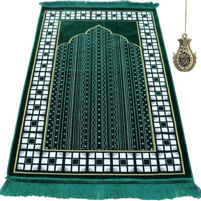 Modefa Islamic Muslim Velvet Janamaz Vined Arch Islamic Prayer Rug - Green - Image 1 of 4