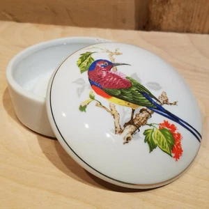 Bird Trinket Box Jewelry Case Colorful Lid Ceramic Round 4" Vintage- Swanky Barn - Picture 1 of 12