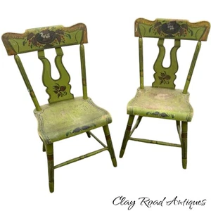 antique plank seat chairs 1840 original green paint decoration pair primitive - Picture 1 of 22