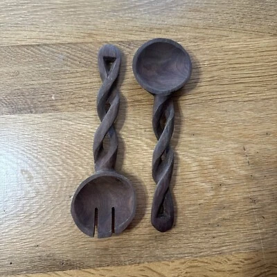 Wooden Salad Fork Spoon Serving Set Twisted Braided Handles Hand Carved 8" Long - Image 1 of 4