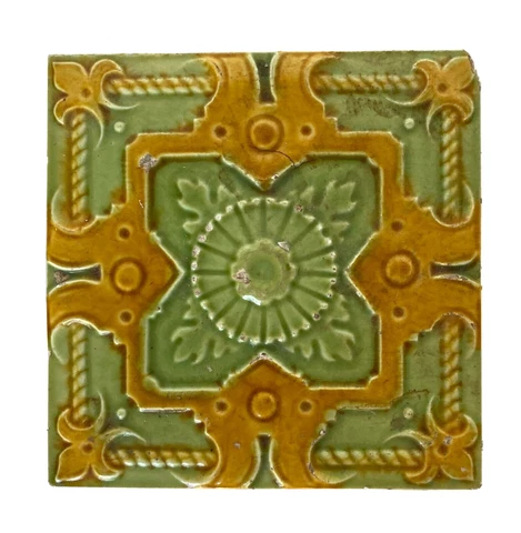 Antique European Majolica Tile, Green & Yellow 6" by 6" Cover