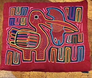 Impresionante arte popular indio Panamá Kuna textil mola cosido a mano 16x13" - pez pelícano - Imagen 1 de 6