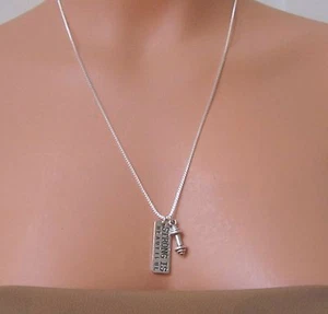 CROSSFIT FITNESS BARBELL Wgt STRONG IS BEAUTIFUL STERLING SILVER CHAIN NECKLACE - Picture 1 of 7