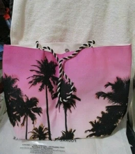 AVON Summer Beauty Tote Pink Canvas w/Palm Trees Magnetic Close 1 Zip Pocket  - Picture 1 of 12