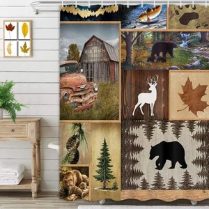 Cabin Bear Wildlife Creek Lodge Fabric Shower Curtain, Modern Rustic, 72"x72" - Picture 1 of 12
