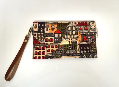 New Handmade Multicolor City Building Draw Canvas Envelope Wallet Clutch 8" x 5" - Image 1 of 3