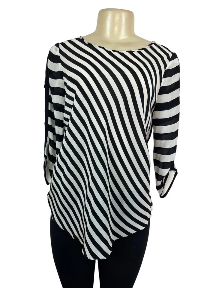 Blusa BCBGMaxAzria para mujer blanca y negra a rayas de seda espalda abierta talla S Foto 1 de 4