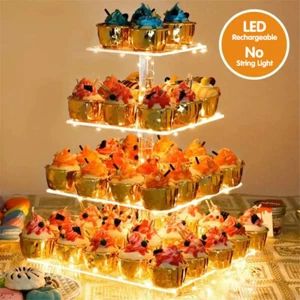 4 Tier Acrylic Cakes Display Stand Pastry CupCake Hi Tea Holder LED Rechargeable - Picture 1 of 18