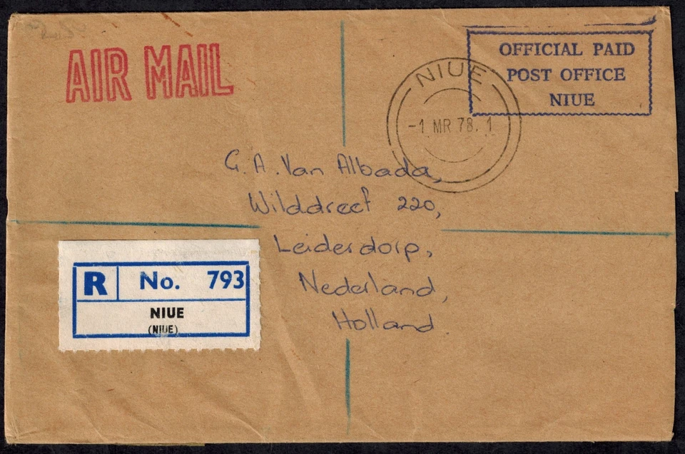 Niue 1978 Oficial Correo Registrado Cubierta con Caja OFICIAL PAGADO OFICINA DE CORREOS NIUE Foto 1 de 2