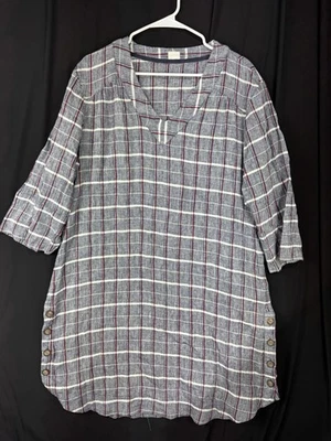 POESÍA Vestido Midi Algodón Lino Rayas Informal Vestido de Sol Azul A Cuadros Talla 16 Foto 1 de 4