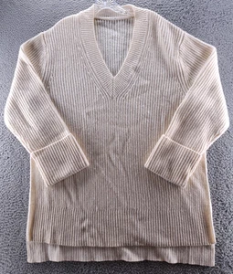 Athleta Shasta Knit Sweater Womens Large Ivory Oversize High Low V-Neck Wool - Picture 1 of 9
